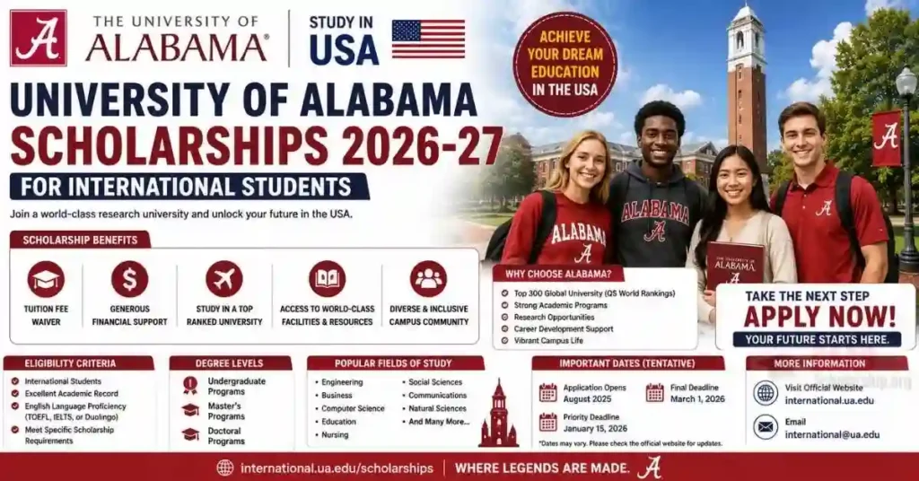 University of Alabama Scholarships 2026-27 in USA for International Students